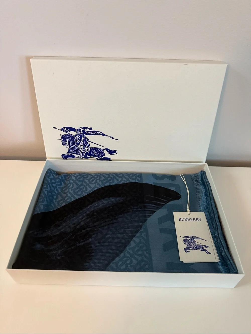 Burberry TB Monogram Mermaid Tail Scarf, Cerulean Blue, 55” x 55”